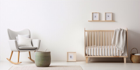 Minimalist Scandi nursery with wooden crib, prints, rocking chair and storage baskets - obrazy, fototapety, plakaty