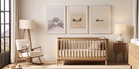 Minimalist nursery with a wooden crib, cream walls and neutral decor. - obrazy, fototapety, plakaty