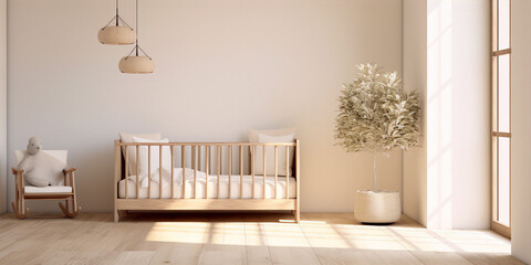 Minimalist nursery with a wooden crib, rocking chair, and potted plant
