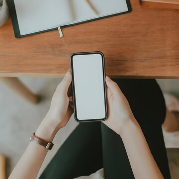 Top View Woman Sitting And Holding Blank Screen Mock Up Mobile Phone