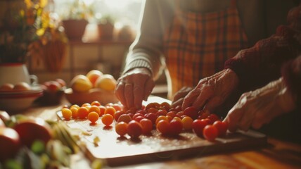 An elderly couple preparing a fruit salad together in a sunny kitchen, focusing on their hands and the fruit, symbolizing shared commitment to health and nutrition - Powered by Adobe
