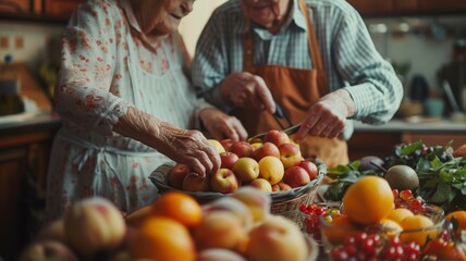 An elderly couple preparing a fruit salad together in a sunny kitchen, focusing on their hands and the fruit, symbolizing shared commitment to health and nutrition