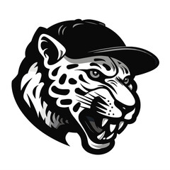 Jaguar head in black hat and white background. Vector illustration.