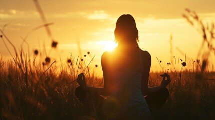 a woman meditating in a field of grass