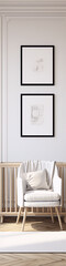 Two black framed abstract sketches above a white chair with a white pillow.