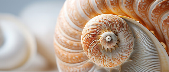 A detailed closeup of a spiral seashell showcasing its intricate and beautiful patterns.