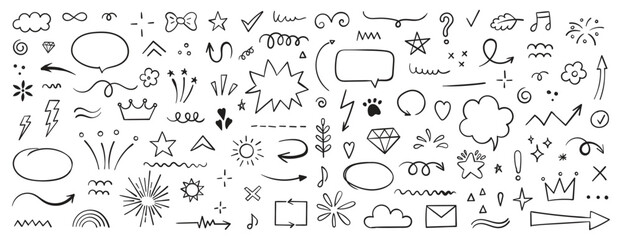 Set of hand drawn doodle decorative illustrations in sketch style. Arrows, stroke, stars, flowers, hearts, decoration symbols and signs. Vector illustration isolated on white background.