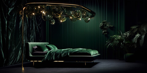Green bedroom with golden canopy and plants - obrazy, fototapety, plakaty