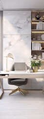 Elegant home office with white marble feature wall and gold accents