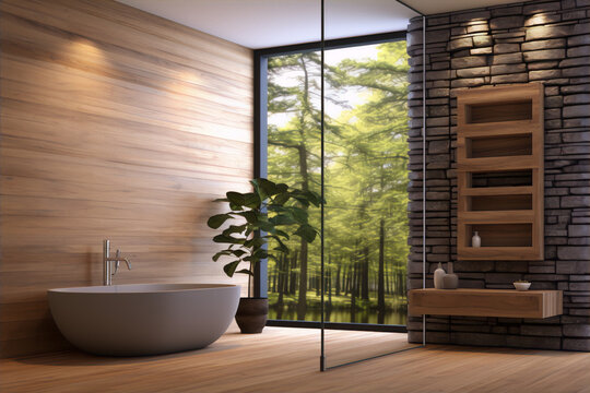 Bathroom with large picture window, stone and wood walls and floors, and a large soaking tub.