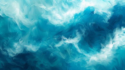 A close-up view of a wave cresting, with droplets suspended in mid-air, showcasing a spectrum of blue to teal.
