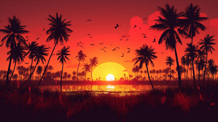 Obraz premium A Vibrant Sunset With Palm Trees and Birds Flying in the Sky