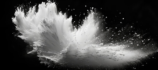 White powder explosion isolated on black background. White dust particles splash.Color Holi...