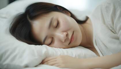 Fototapeta na wymiar portrait of a Asian woman sleeping in bed