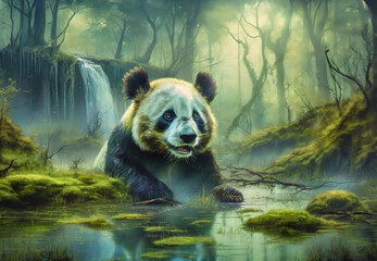 Süßer Pandabär im Moor, im Sumpf, mystischer Wald - obrazy, fototapety, plakaty
