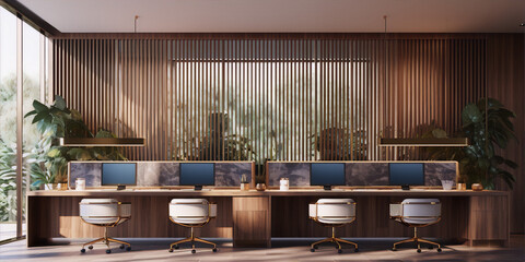 Elegant office interior with wooden slatted wall and large windows - obrazy, fototapety, plakaty