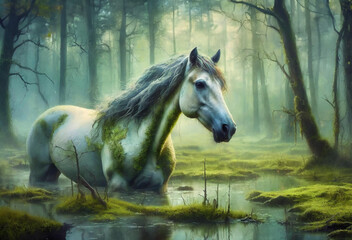 Weisses Pferd im Moor, im Sumpf, mystischer Wald - obrazy, fototapety, plakaty