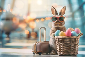 Easter bunny wearing sunglasses with suitcase next to an airplane, easter bunny traveling with suitcase. Easter holidays, generative ai