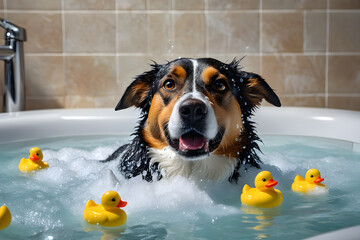 A dog taking a bath. Generative AI