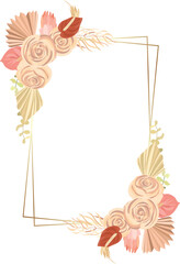 Floral decoration vector frame. mawar, pampas grass wedding wreath. Exotic dry flowers, palm leaves boho invitation card. 