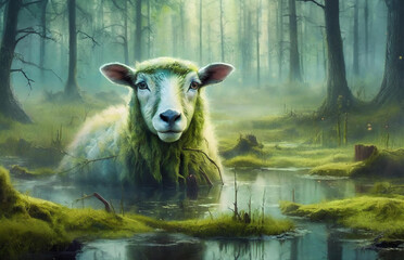 Weisses Schaf im Moor, im Sumpf, mystischer Wald - obrazy, fototapety, plakaty