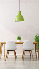 White minimalist dinning room with green lamp and plants - obrazy, fototapety, plakaty