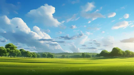 Gordijnen Nice view green a nice day, clouds clear sky background, Illustration © AI-Stocks