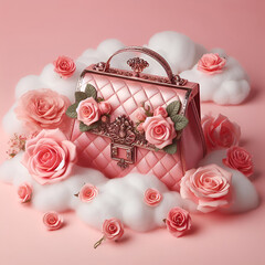 A pink handbag adorned with delicate roses stands out against a backdrop of fluffy clouds.