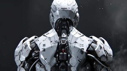 Gray robot with its back turned on a dark background with sparks - obrazy, fototapety, plakaty