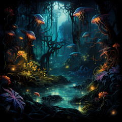Fototapeta na wymiar Bioluminescent jungle with fantasy creatures.