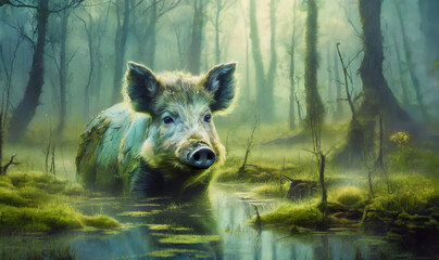 Weisses Wildschwein im Moor, im Sumpf, mystischer Wald - obrazy, fototapety, plakaty