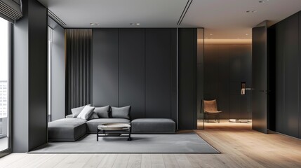 Modern living room interior with black walls, wooden floor, gray sofa and armchair