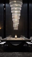 Black and wood luxury dinning room with crystal chandelier - obrazy, fototapety, plakaty