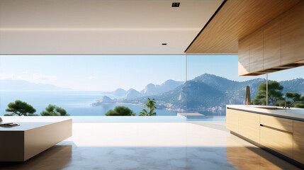 Modern house interior with amazing sea view, large windows and minimalist design