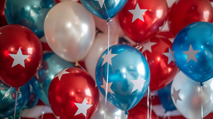 Patriotic balloons in red, White and blue, Celebrating Presidents' Day on a flag backdrop. Generative AI