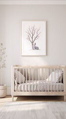 Minimalist nursery with a cute bunny and leaf in neutral colors - obrazy, fototapety, plakaty