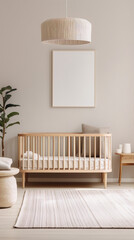 Cot and plant in a modern nursery with neutral colors and textures - obrazy, fototapety, plakaty