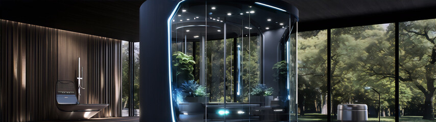 Black and blue futuristic bathroom with a glass cylindrical indoor garden