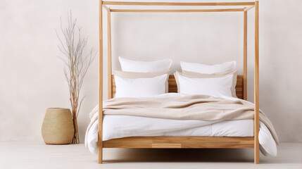 Fototapeta na wymiar Minimalist bedroom interior with wooden four-poster bed and white bedding