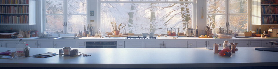 Panoramic view of a modern kitchen with large windows looking out onto a snowy forest