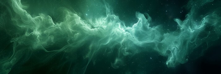 Fototapeta na wymiar Abstract Green Nebula Background with Cosmic Dust and Stars, Ethereal Space Texture for Creative Design