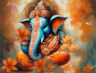 Illustration of Lord Ganesha, the son of God Shiva and Goddess Parvati. The Hindu God Ganesha is the remover of obstacles .He is the first God to be worshipped in all Hindu rites and rituals. - obrazy, fototapety, plakaty
