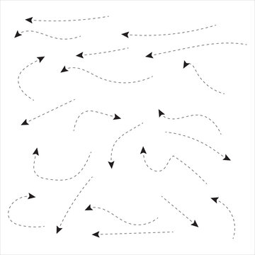 Set of black dotted arrows in doodle style. Broken arrows in the form of a loop. Flow direction. Pointers to the wire, up, down. Curved line. Dotted arrow Vector.