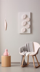 Minimalist nursery with a rocking chair, a wooden stool, a stuffed animal, and a wall art