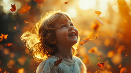 A little girl smiles brightly as autumn leaves fall around her, capturing the joy and beauty of the season.