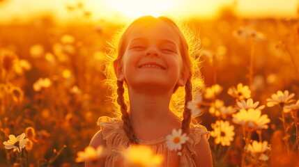 A joyful young girl stands in a field of daisies at sunset, radiating happiness with a beaming smile.
