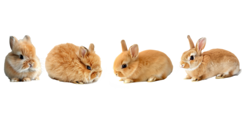 Studio portrait of cute rabbit isolated on transparent png background, happy bunny running on floor, adorable fluffy rabbit that sniffing.