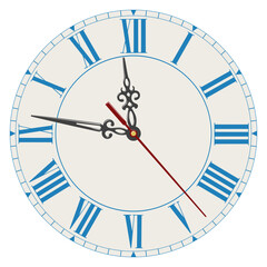 Vector elegant antique dial with blue roman numerals and curly hands