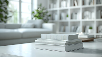 A book is on a table with plant. The background includes a bookshelf and a window.
