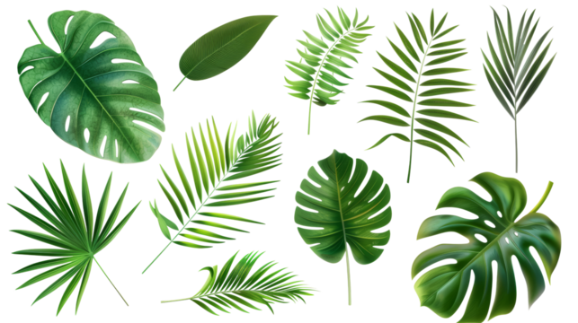Tropical palm leaves (Monstera) are set on an isolated, transparent white background. Watercolor, hand-painted, summer clipart